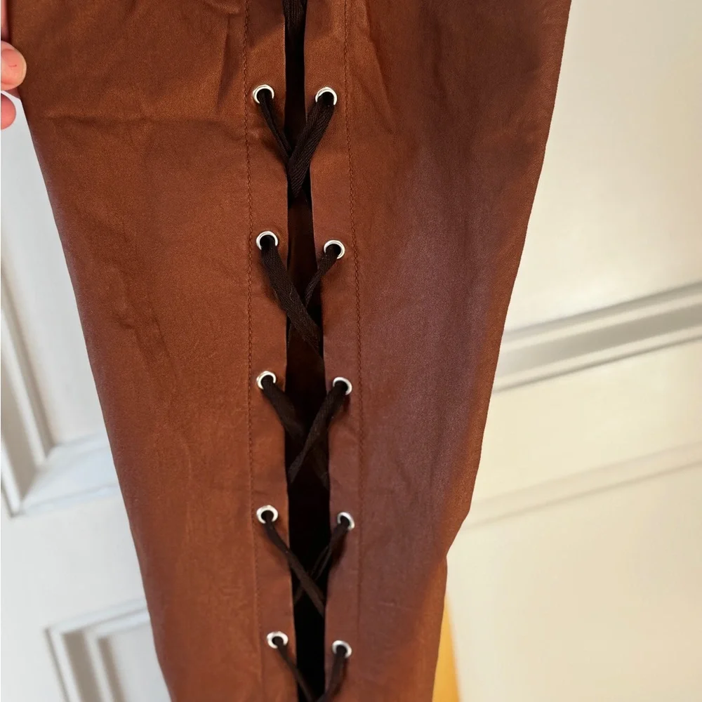 Y2K Brown Faux Leather SideLace Up Pants Women’s Slim Shein Moto Festival 28 - Picture 4 of 6